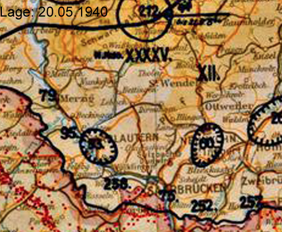  Photo credit: to http://www.lexikon-der-wehrmacht.de/Gliederungen/Korps/Karte/XII0540-3.jpg, Situation map for the 20. May. 1940 location of the 95. Infanterie-Division of the German Wehrmacht.